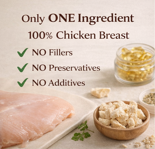Freeze-dried chicken breast pet treats with product details and a dog enjoying the treat.